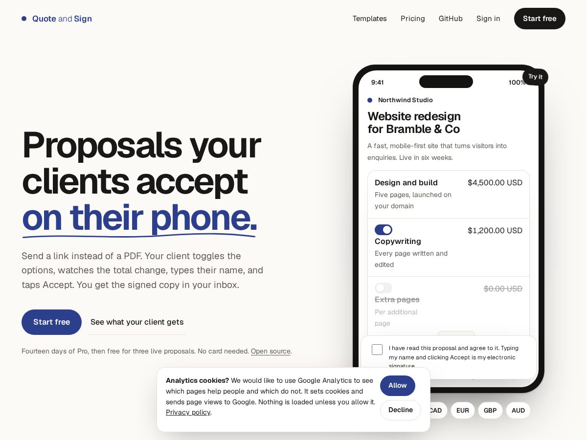 Landing-page snapshot of quoteandsign.com