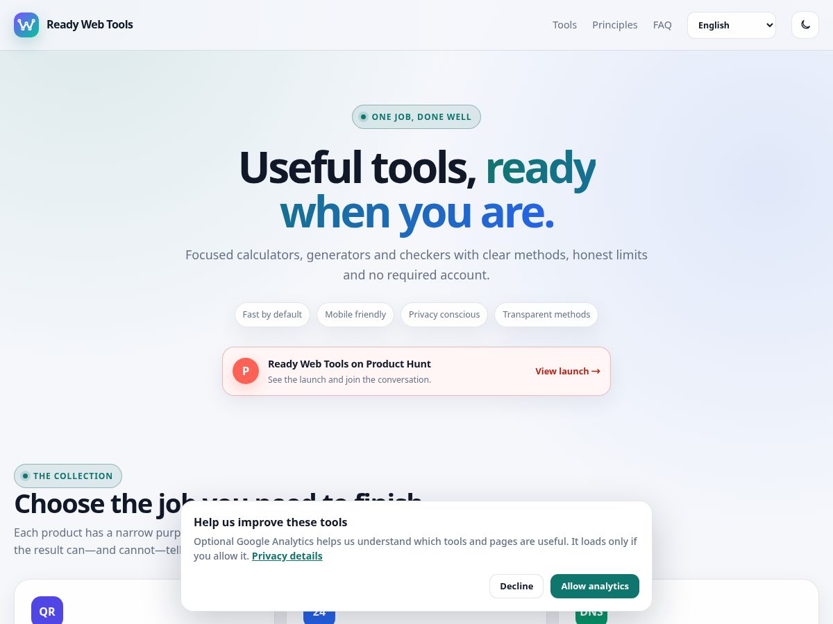 Landing-page snapshot of readywebtools.com
