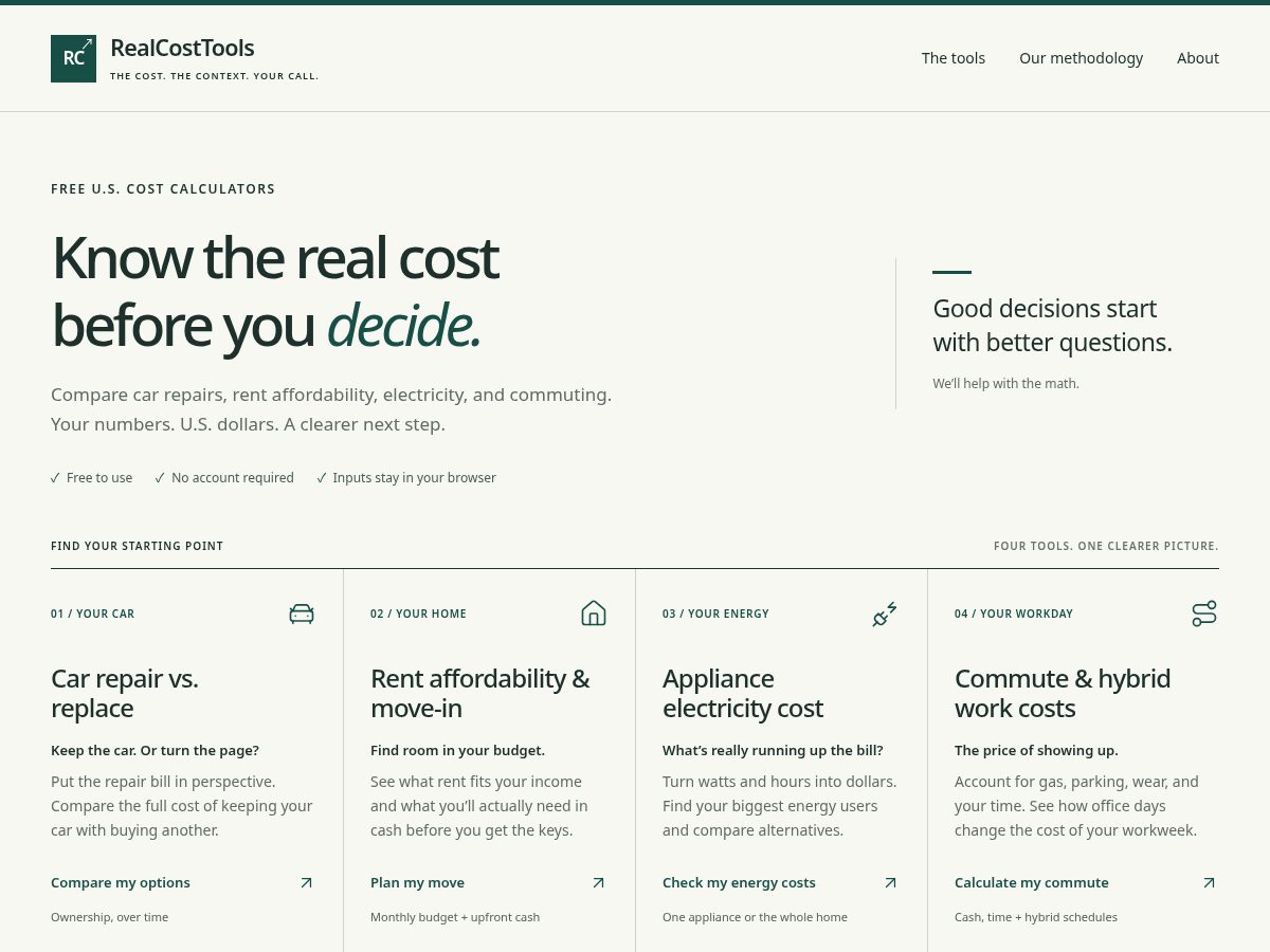 Landing-page snapshot of realcosttools.online