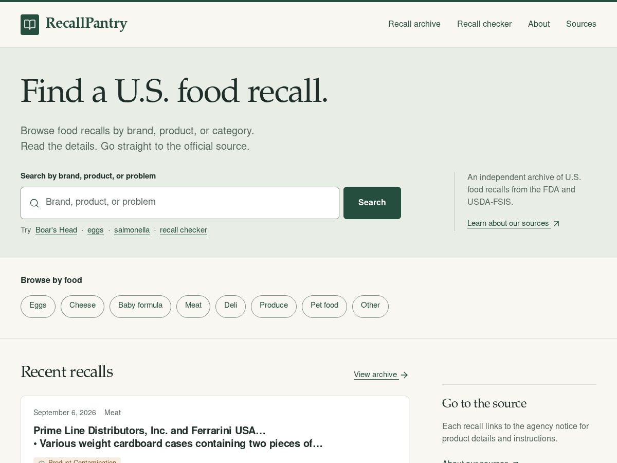 Landing-page snapshot of recallpantry.com