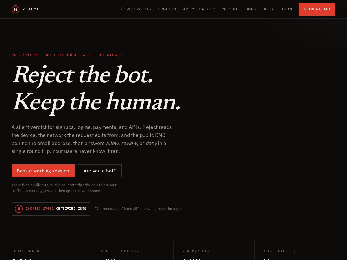 Landing-page snapshot of reject.bot