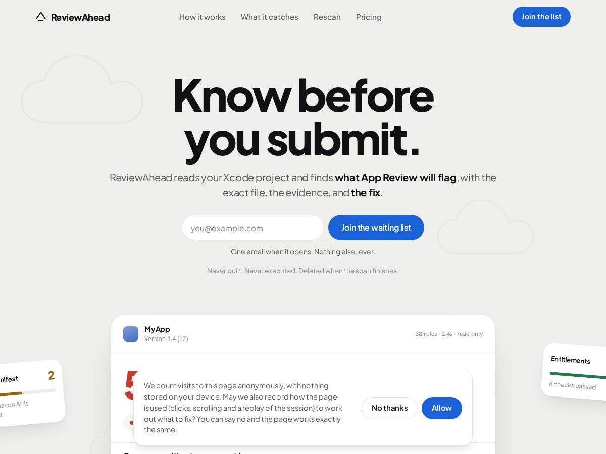 Landing-page snapshot of reviewahead.dev