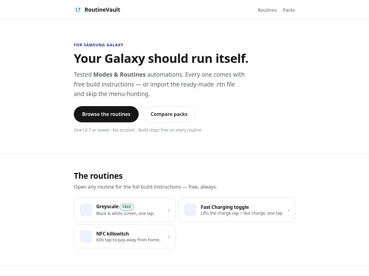 Landing-page snapshot of routinevault.com