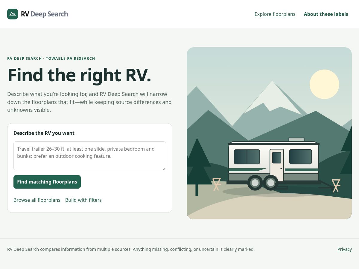 Landing-page snapshot of rvdeepsearch.com