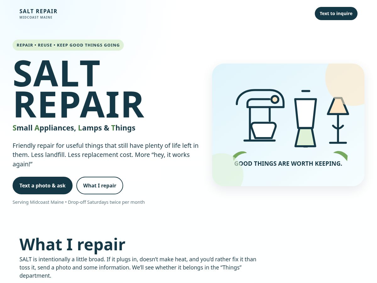 Landing-page snapshot of saltrepairmaine.com