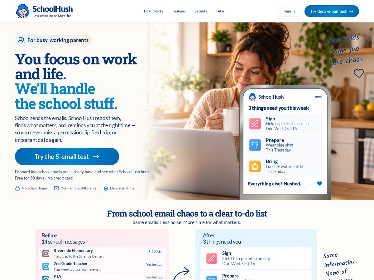 Landing-page snapshot of schoolhush.com