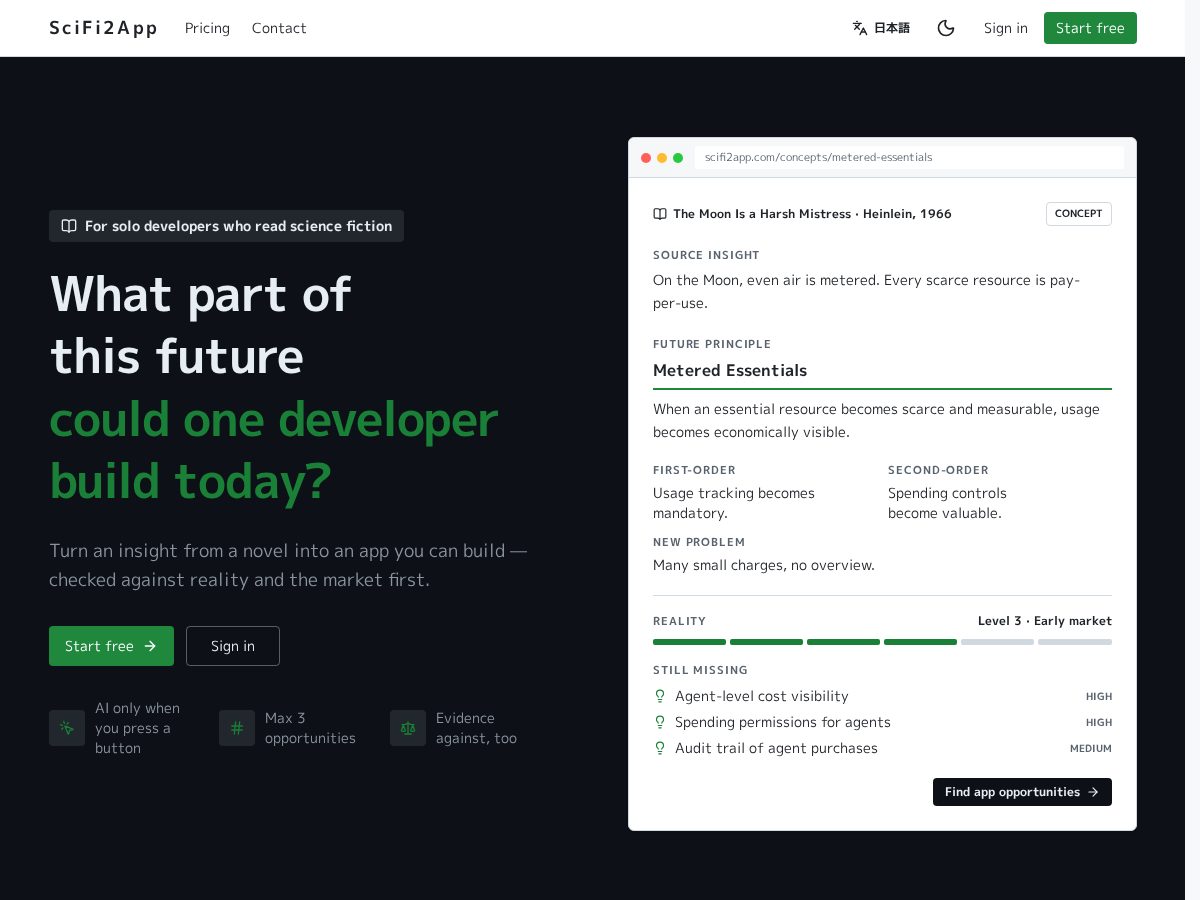 Landing-page snapshot of scifi2app.com