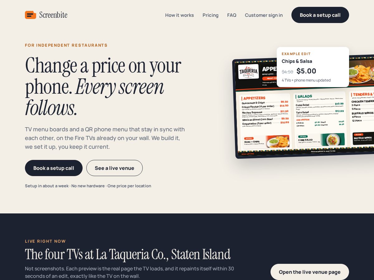Landing-page snapshot of screenbitemenu.com
