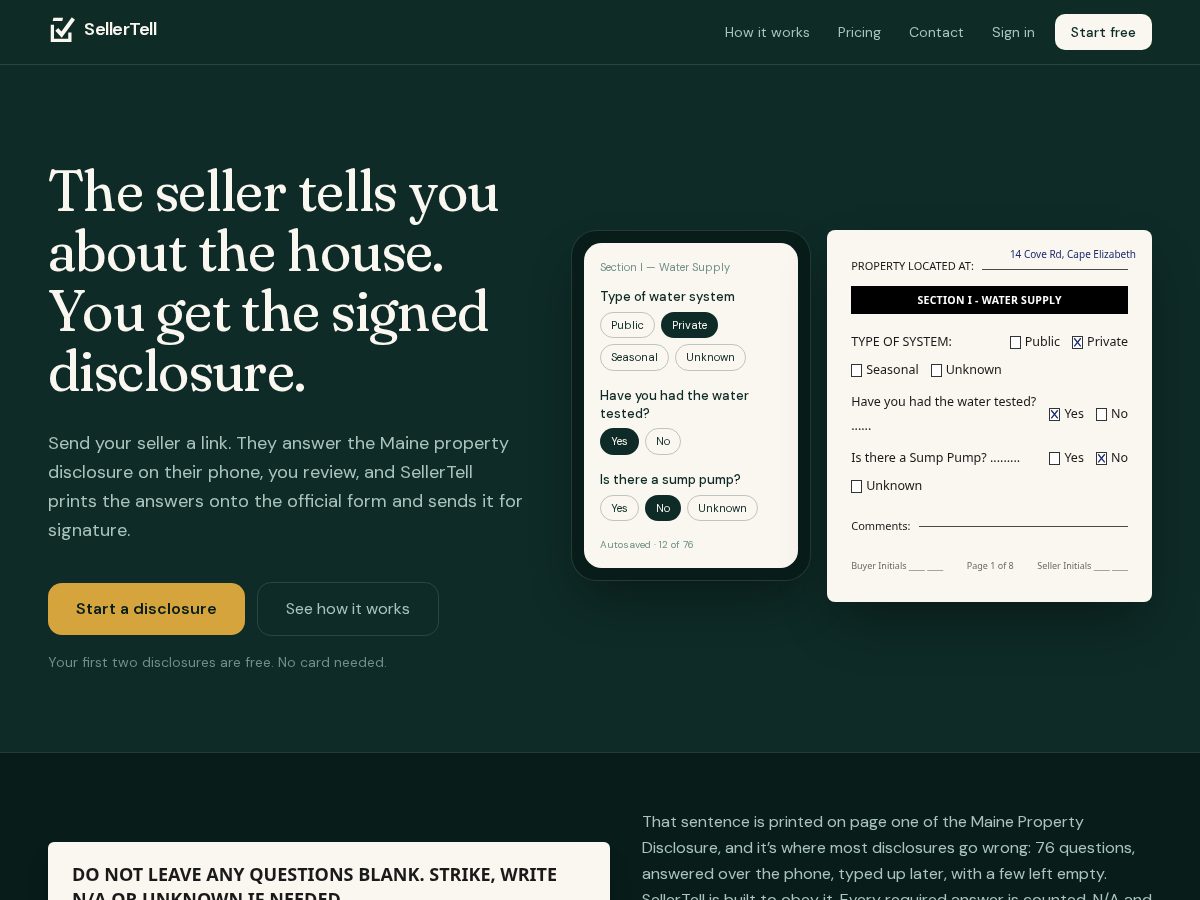 Landing-page snapshot of sellertell.com