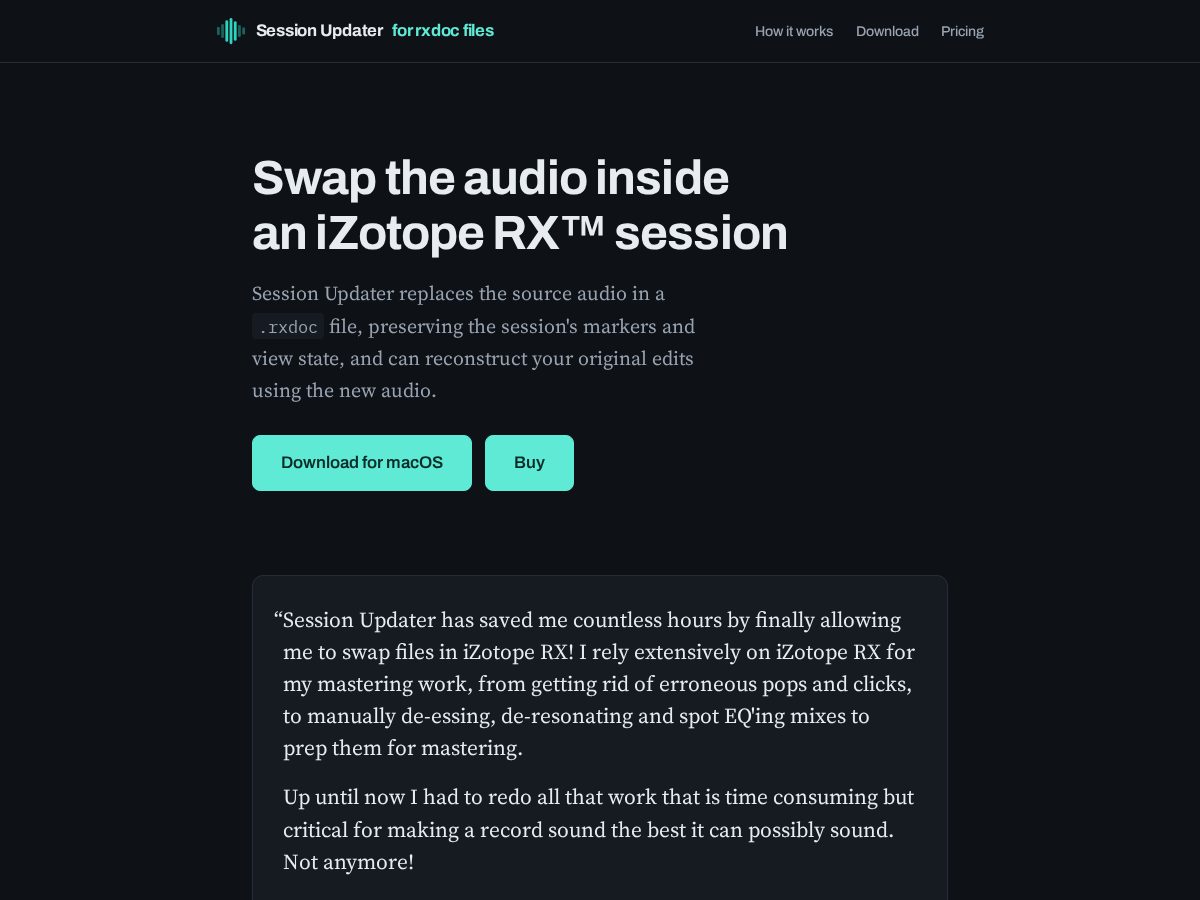 Landing-page snapshot of sessionupdater.com