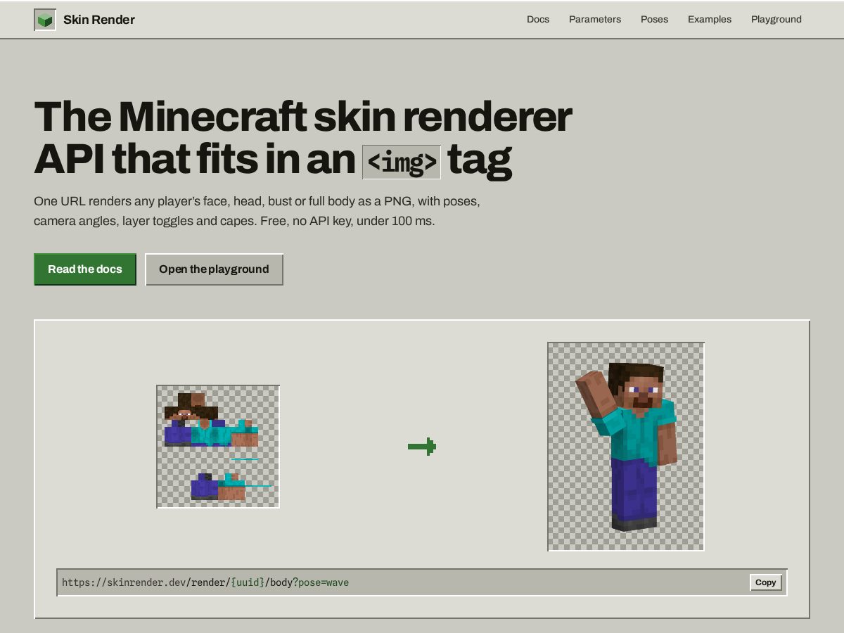 Landing-page snapshot of skinrender.dev