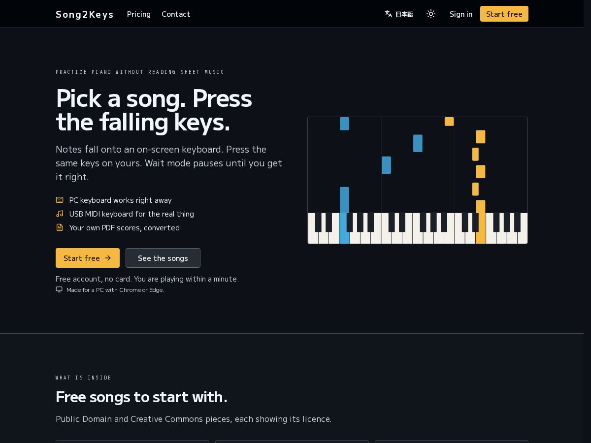 Landing-page snapshot of song2keys.com