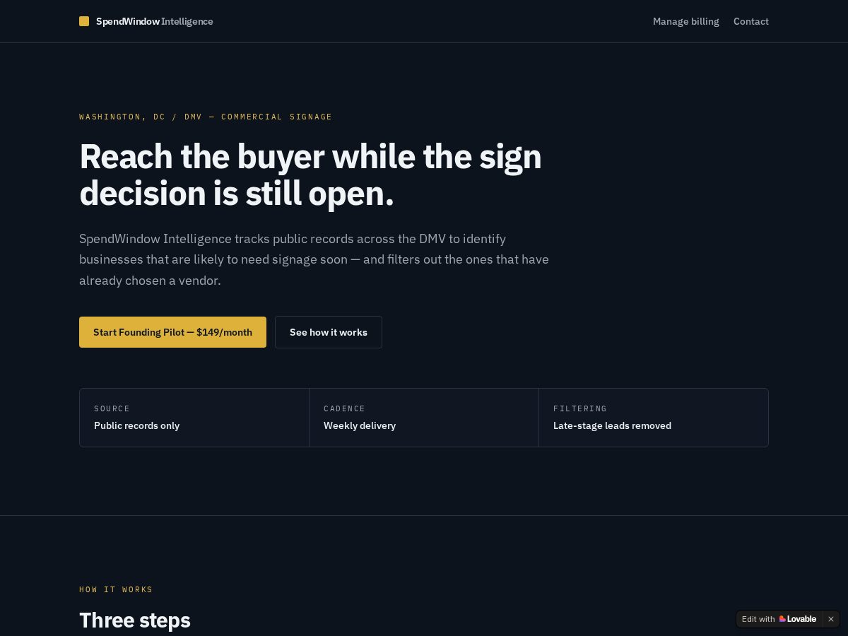 Landing-page snapshot of spendwindowintel.net