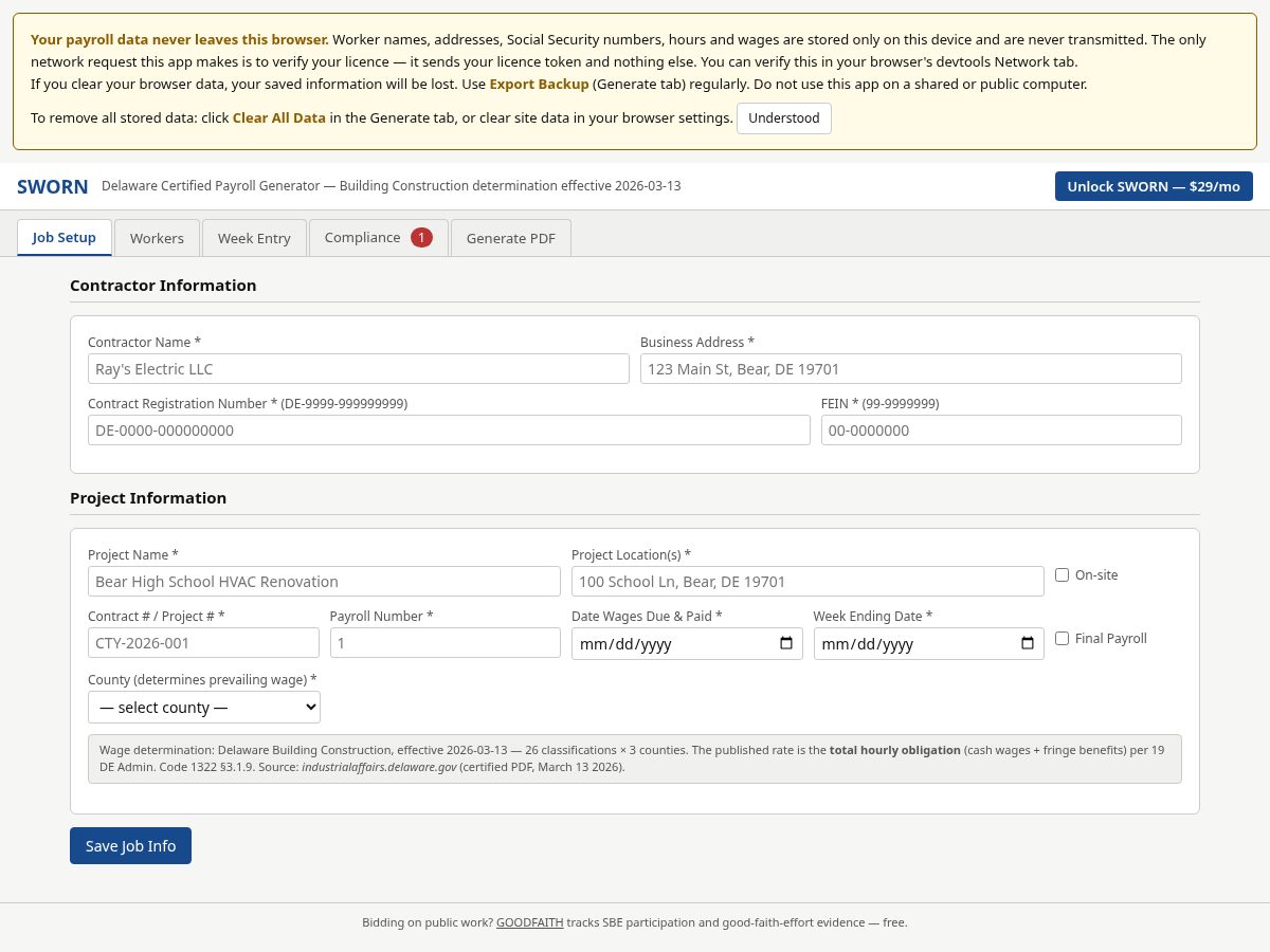 Landing-page snapshot of swornpayroll.com