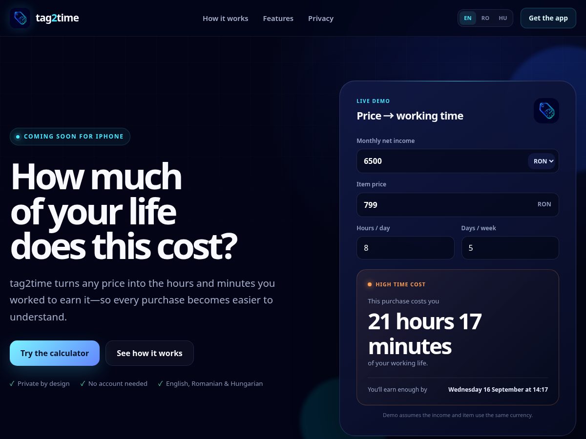Landing-page snapshot of tag2time.com