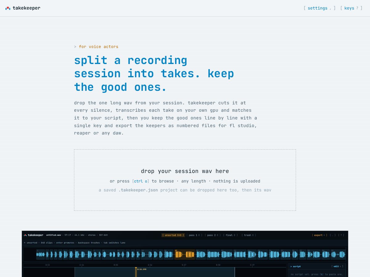 Landing-page snapshot of takekeeper.com