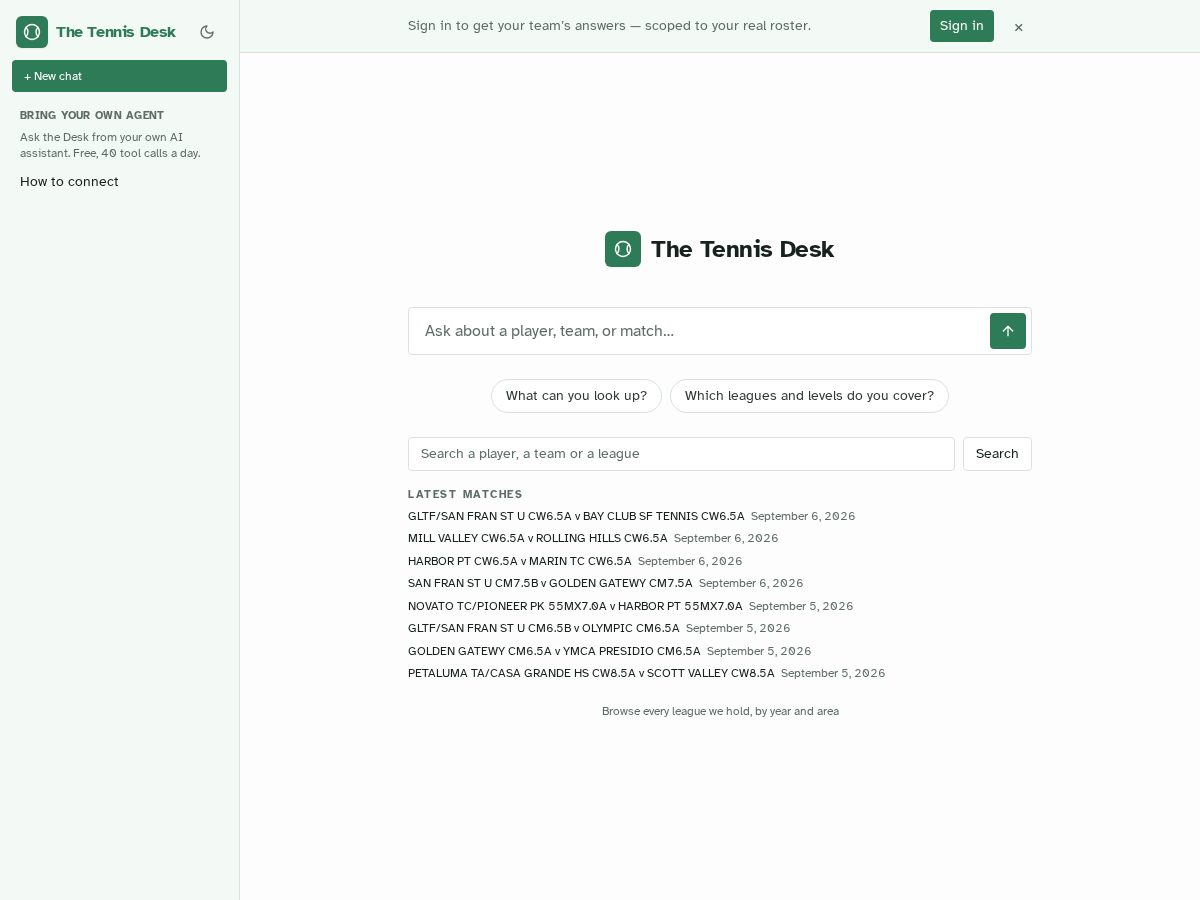 Landing-page snapshot of thetennisdesk.com