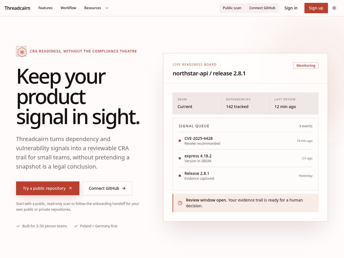 Landing-page snapshot of threadcairn.com