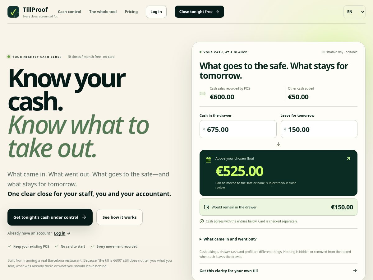 Landing-page snapshot of tillproof.com