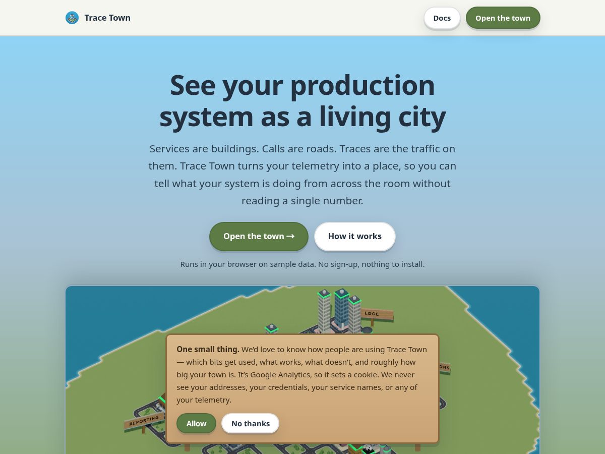 Landing-page snapshot of tracetown.net