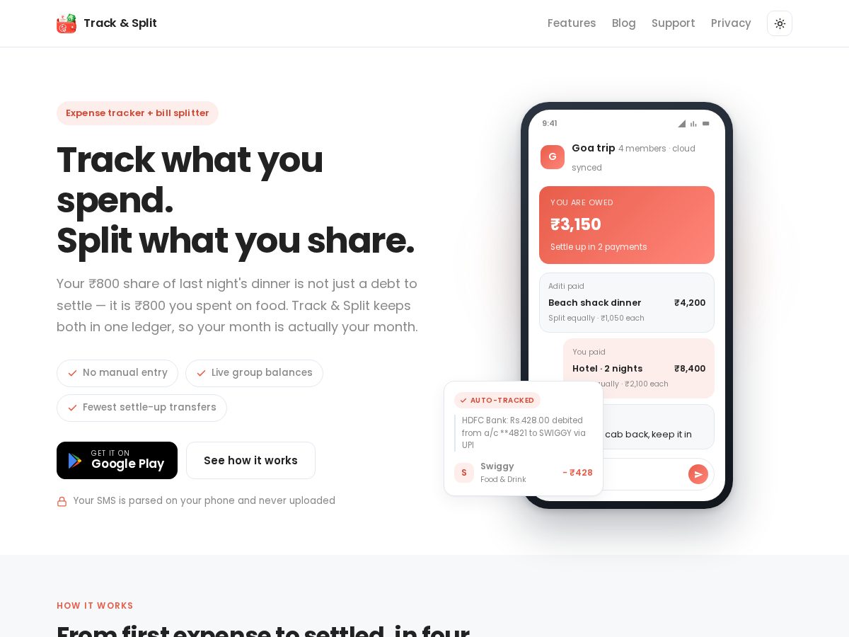Landing-page snapshot of trackandsplit.com