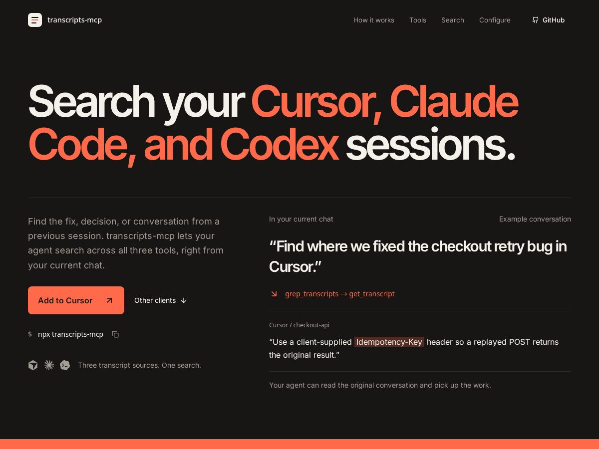 Landing-page snapshot of transcriptsmcp.dev
