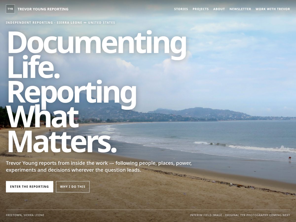 Landing-page snapshot of trevoryoungreporting.com
