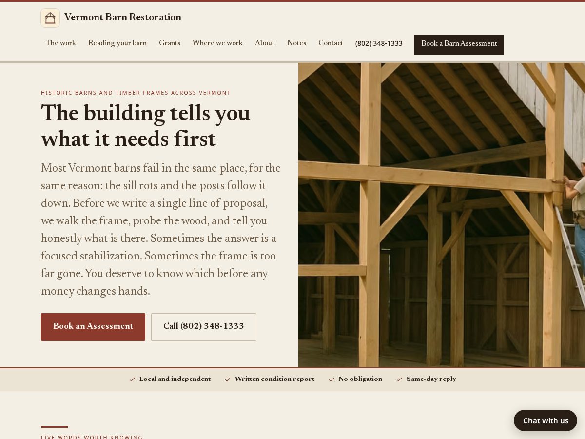 Landing-page snapshot of vermontbarnrestoration.com