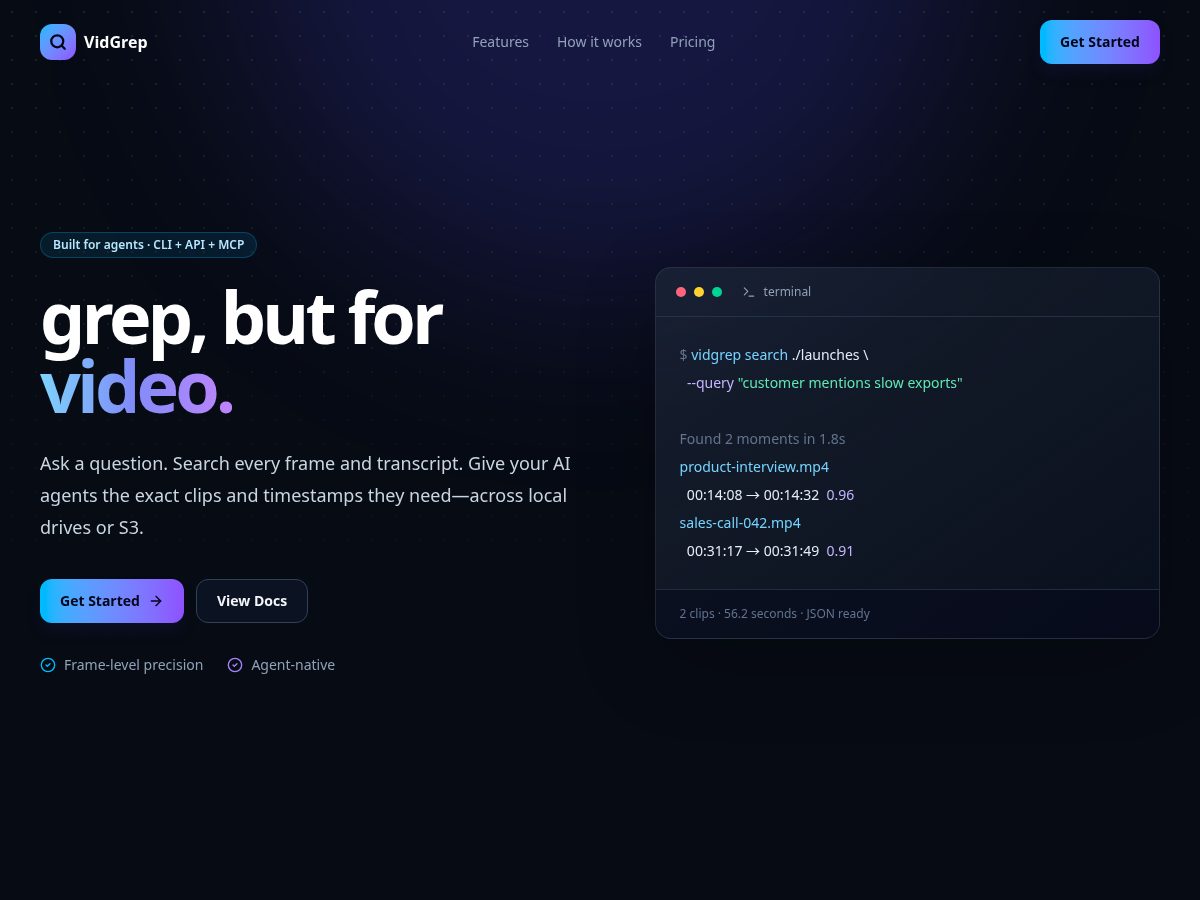 Landing-page snapshot of vidgrep.com