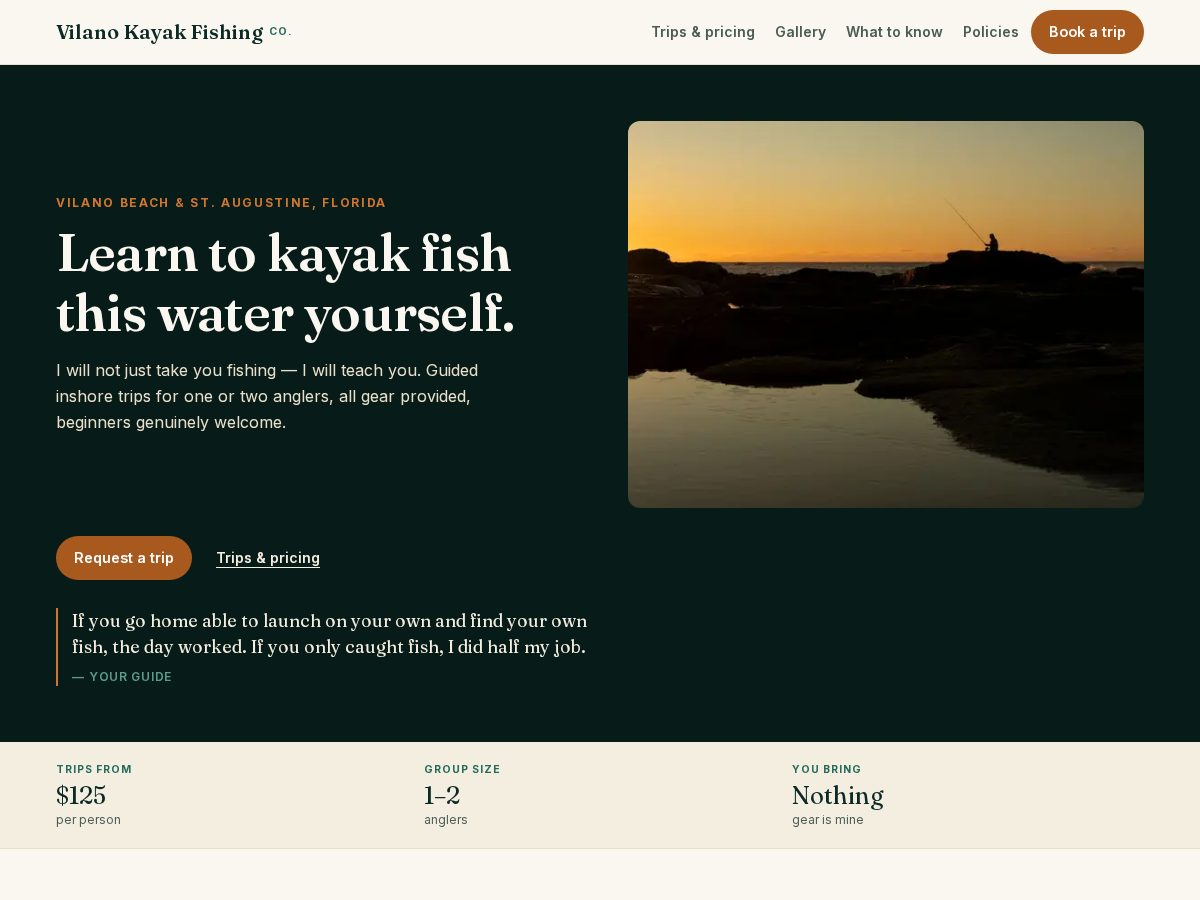 Landing-page snapshot of vilanokayakfishing.com