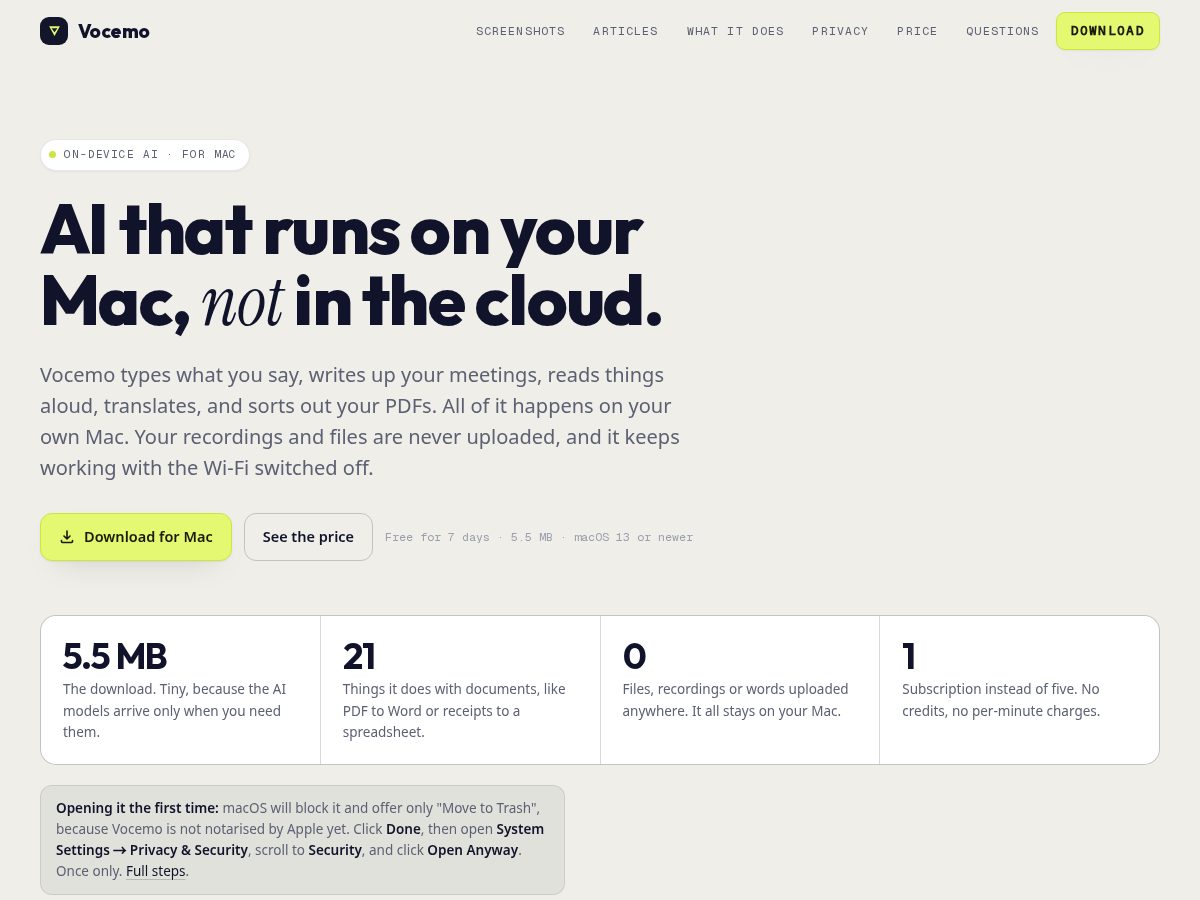 Landing-page snapshot of vocemo.com