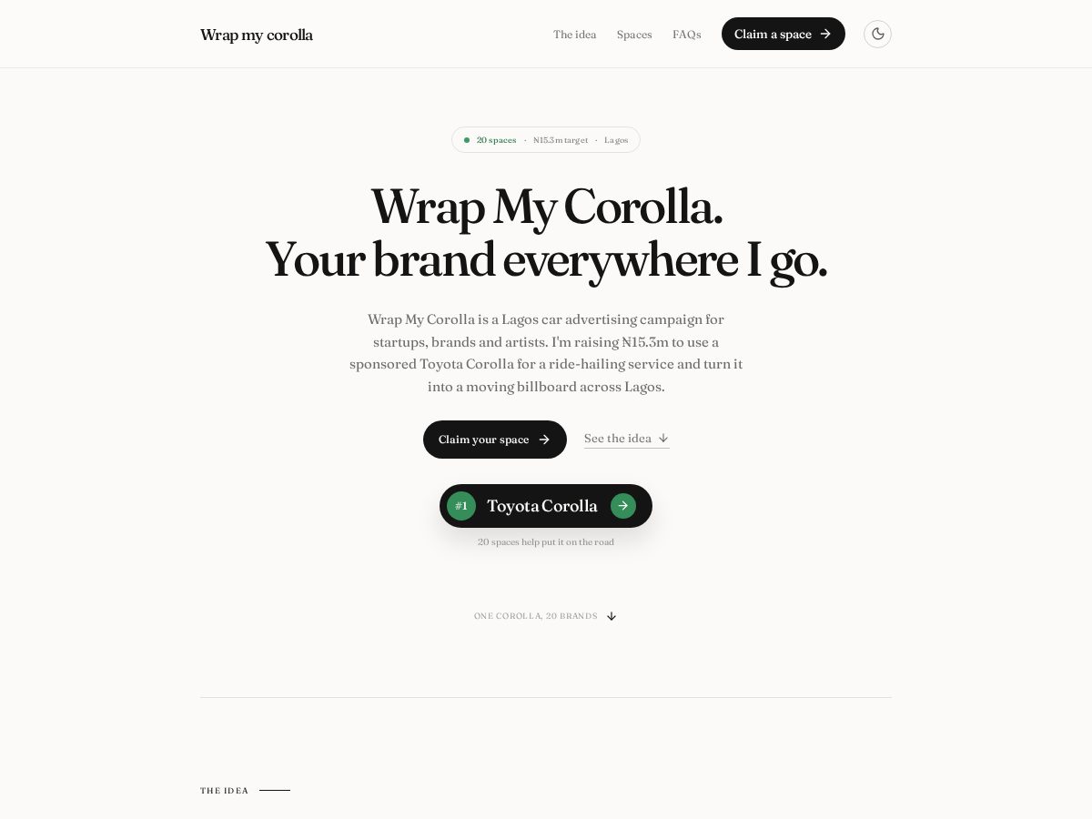 Landing-page snapshot of wrapmycorolla.com