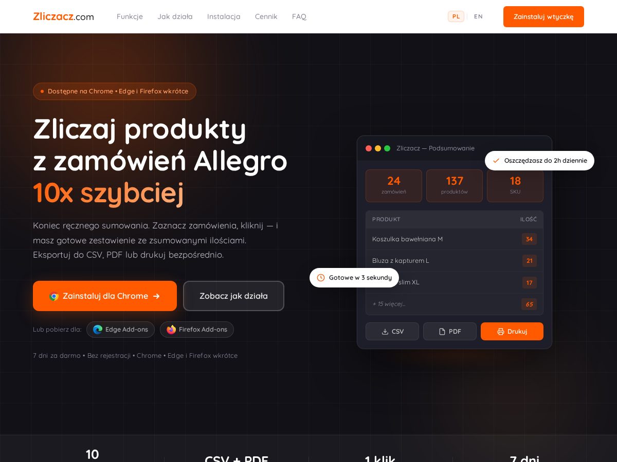 Landing-page snapshot of zliczacz.com