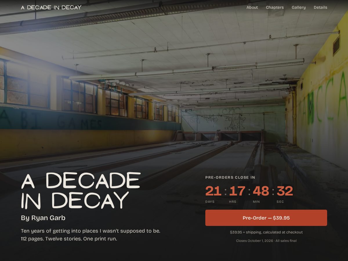Landing-page snapshot of adecadeindecay.com