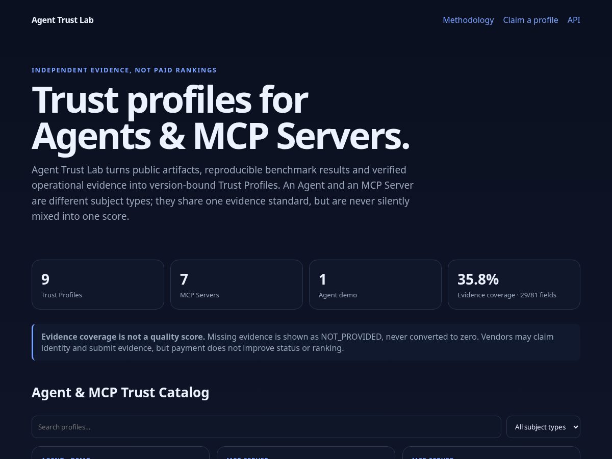 Landing-page snapshot of agenttrustlab.com