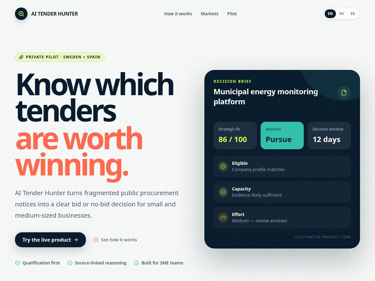 Landing-page snapshot of aitenderhunter.com