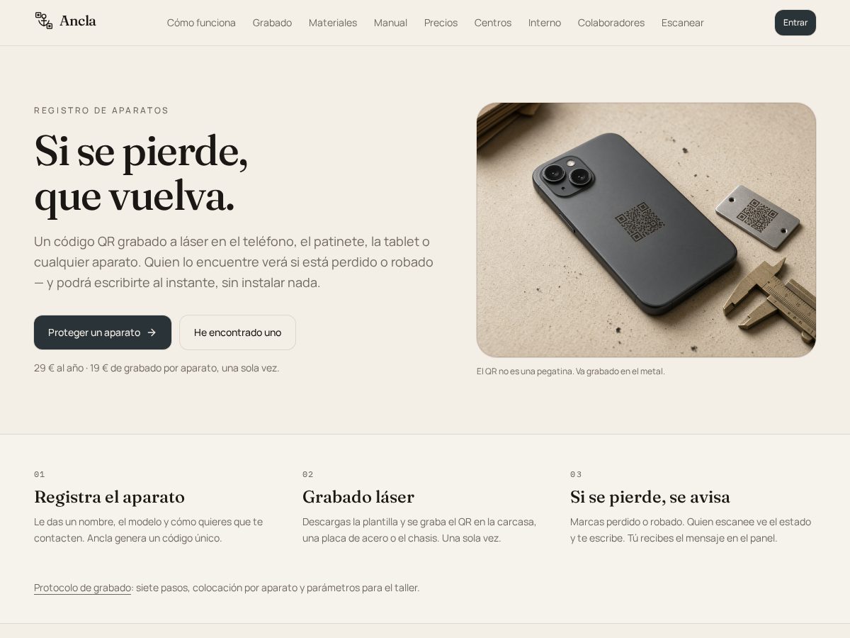 Landing-page snapshot of ancla.info