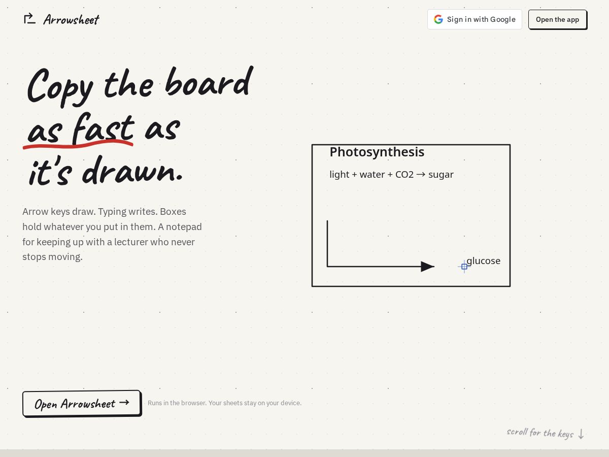 Landing-page snapshot of arrowsheet.com