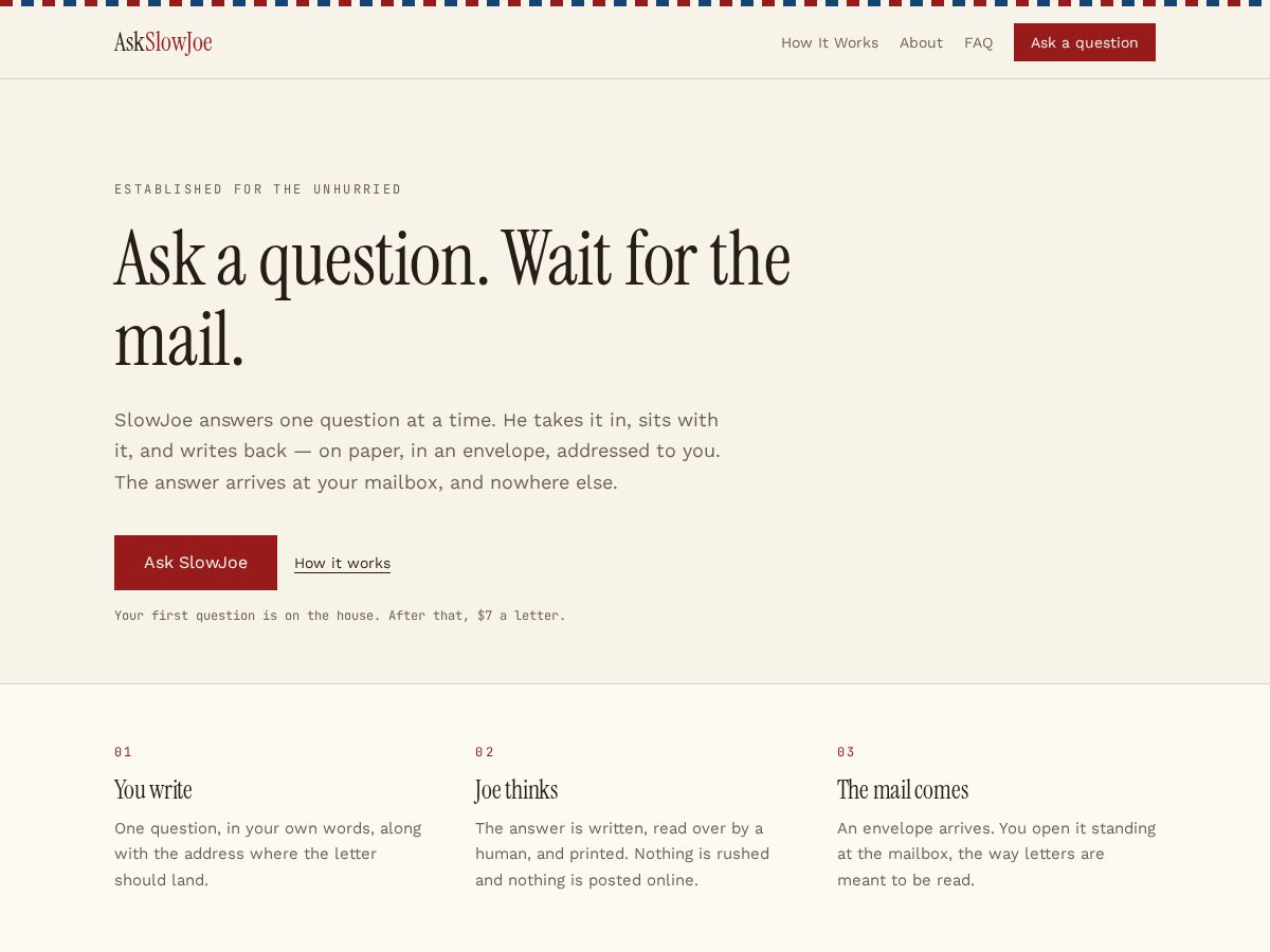 Landing-page snapshot of askslowjoe.com