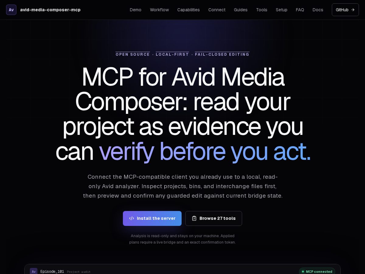 Landing-page snapshot of avid-media-composer-mcp.com
