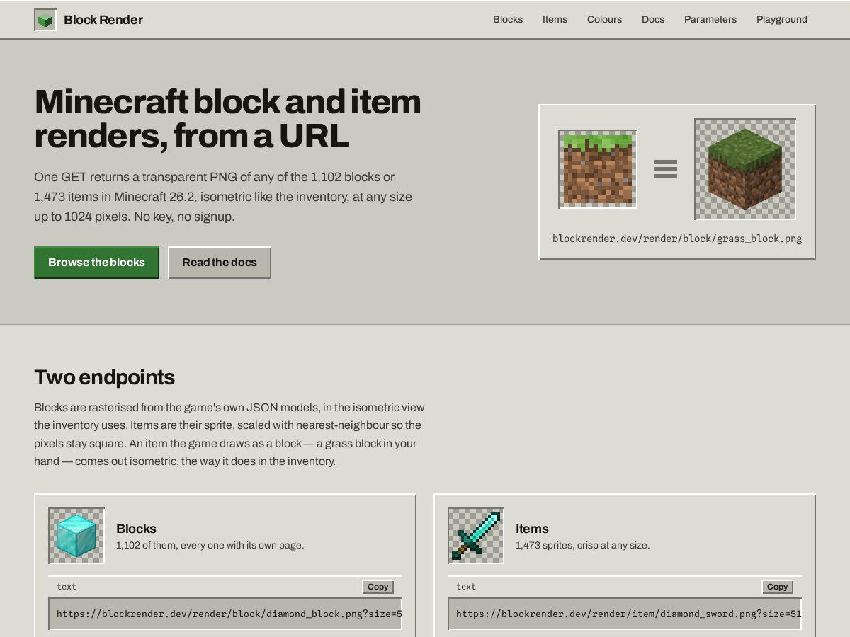 Landing-page snapshot of blockrender.dev