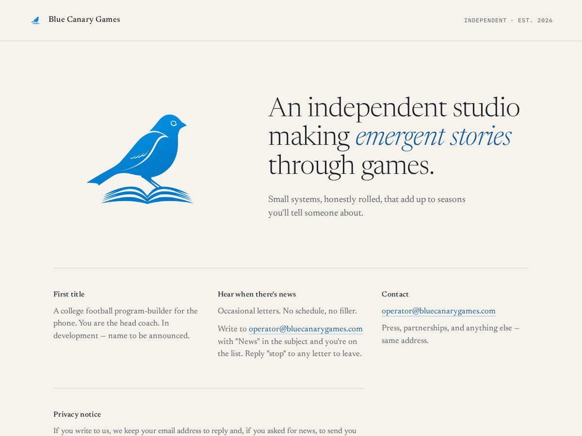 Landing-page snapshot of bluecanarygames.com