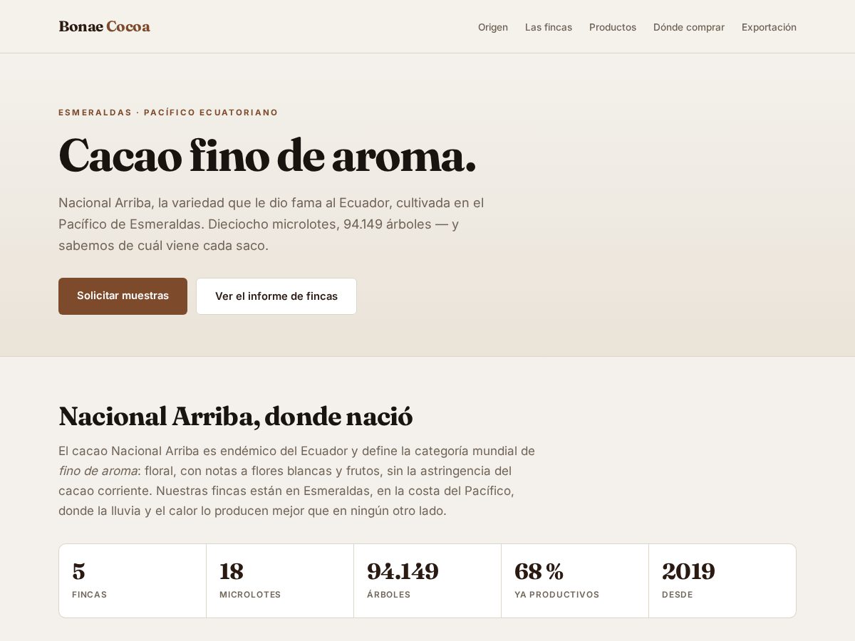Landing-page snapshot of bonaecocoa.com