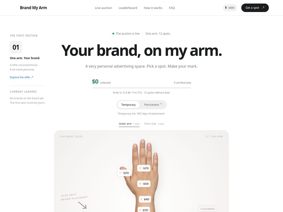 Landing-page snapshot of brandmyarm.live