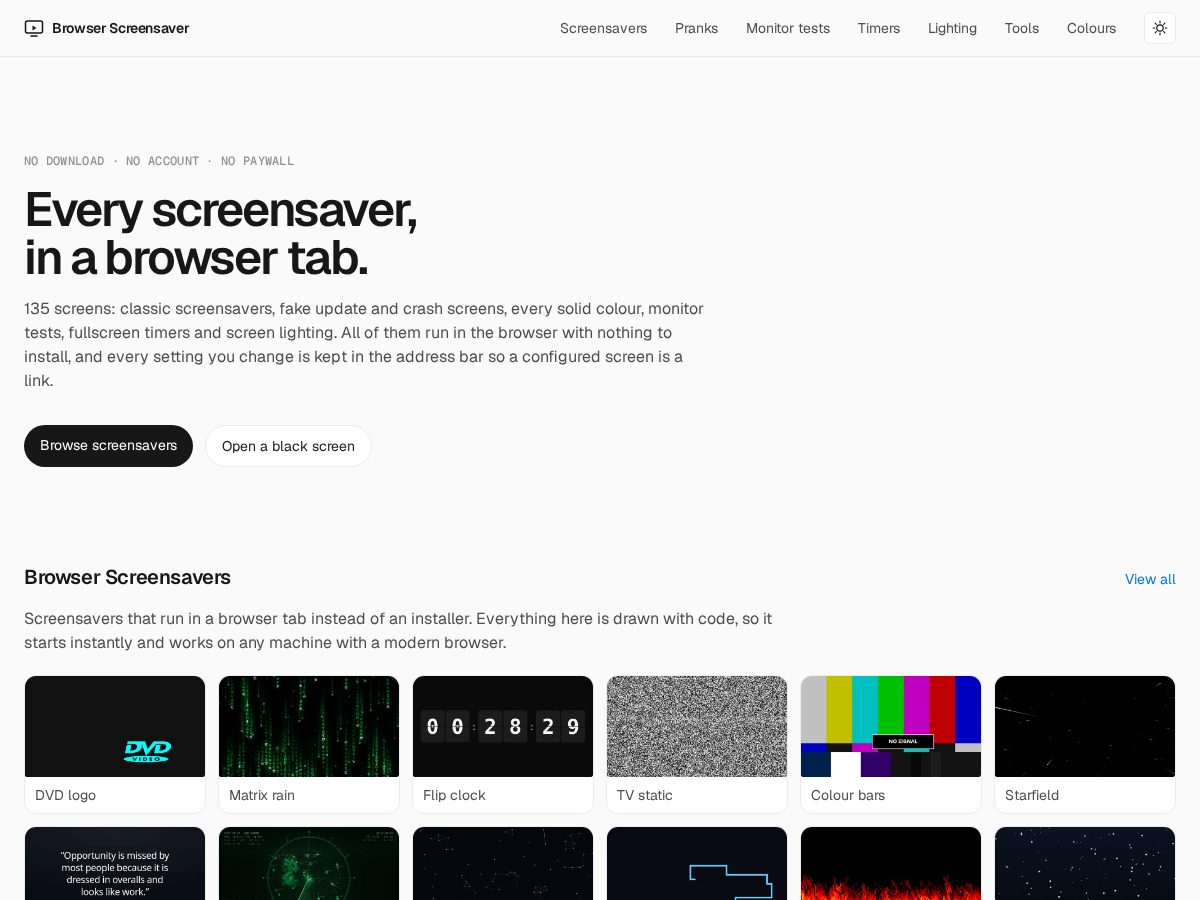 Landing-page snapshot of browserscreensaver.com