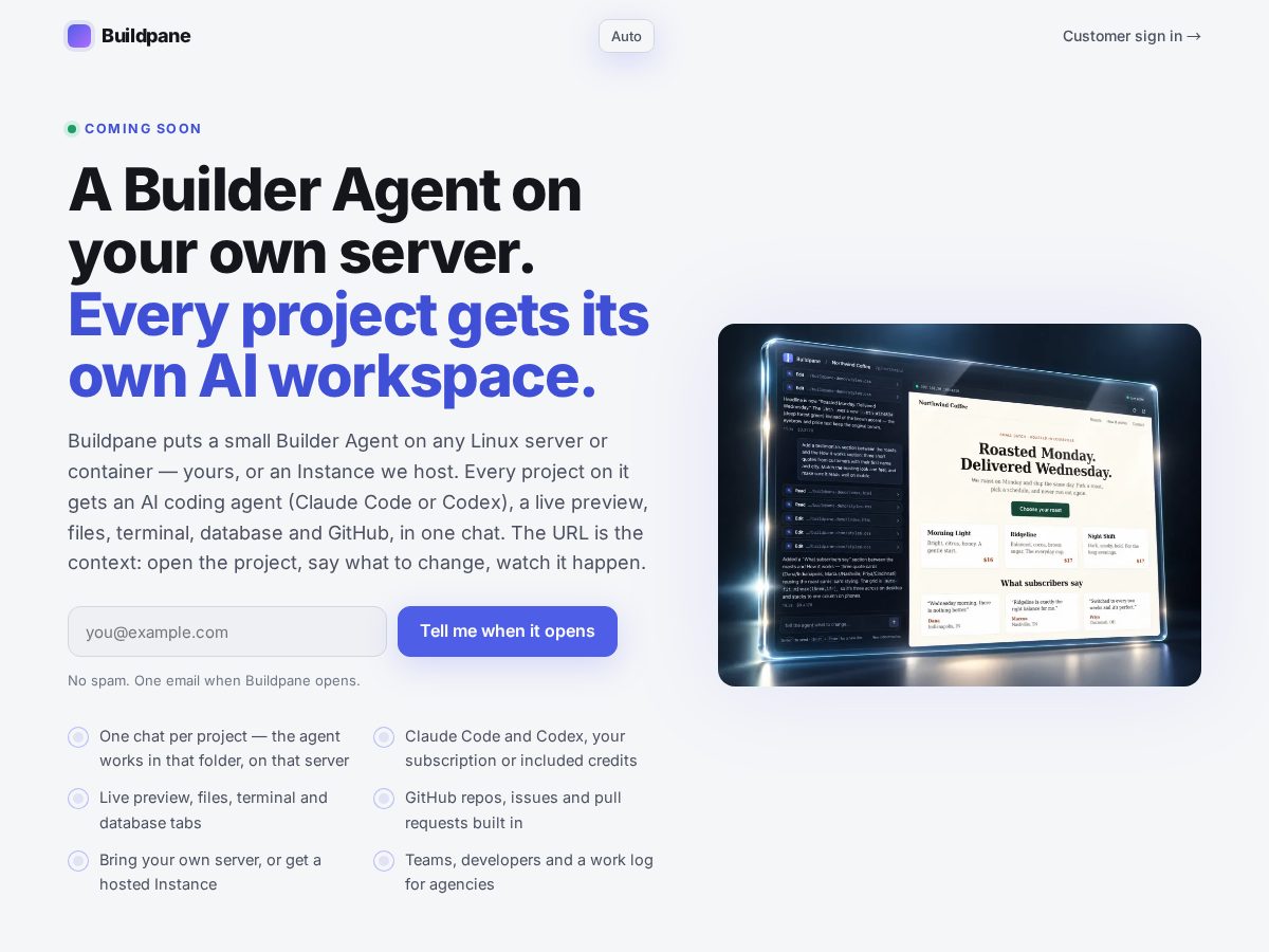Landing-page snapshot of buildpane.com