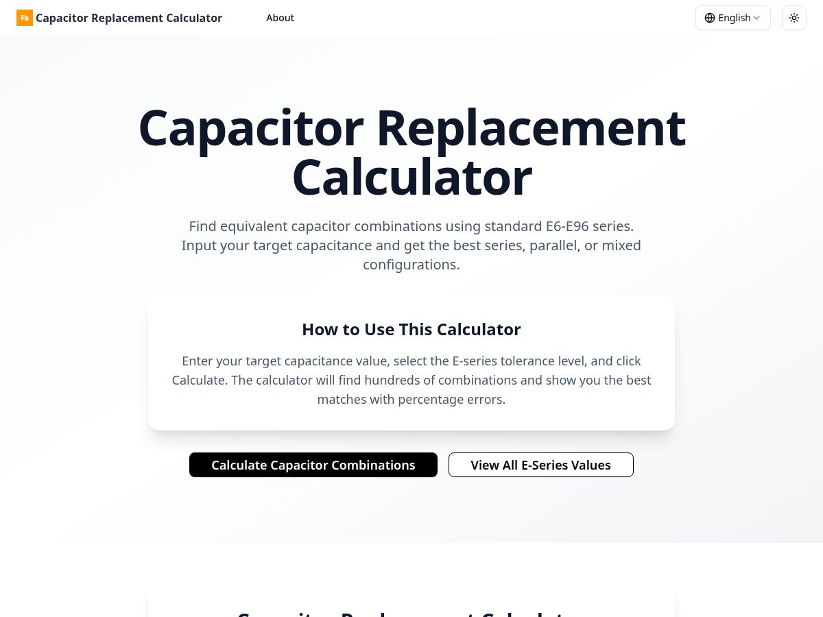 Landing-page snapshot of capacitorcalc.org