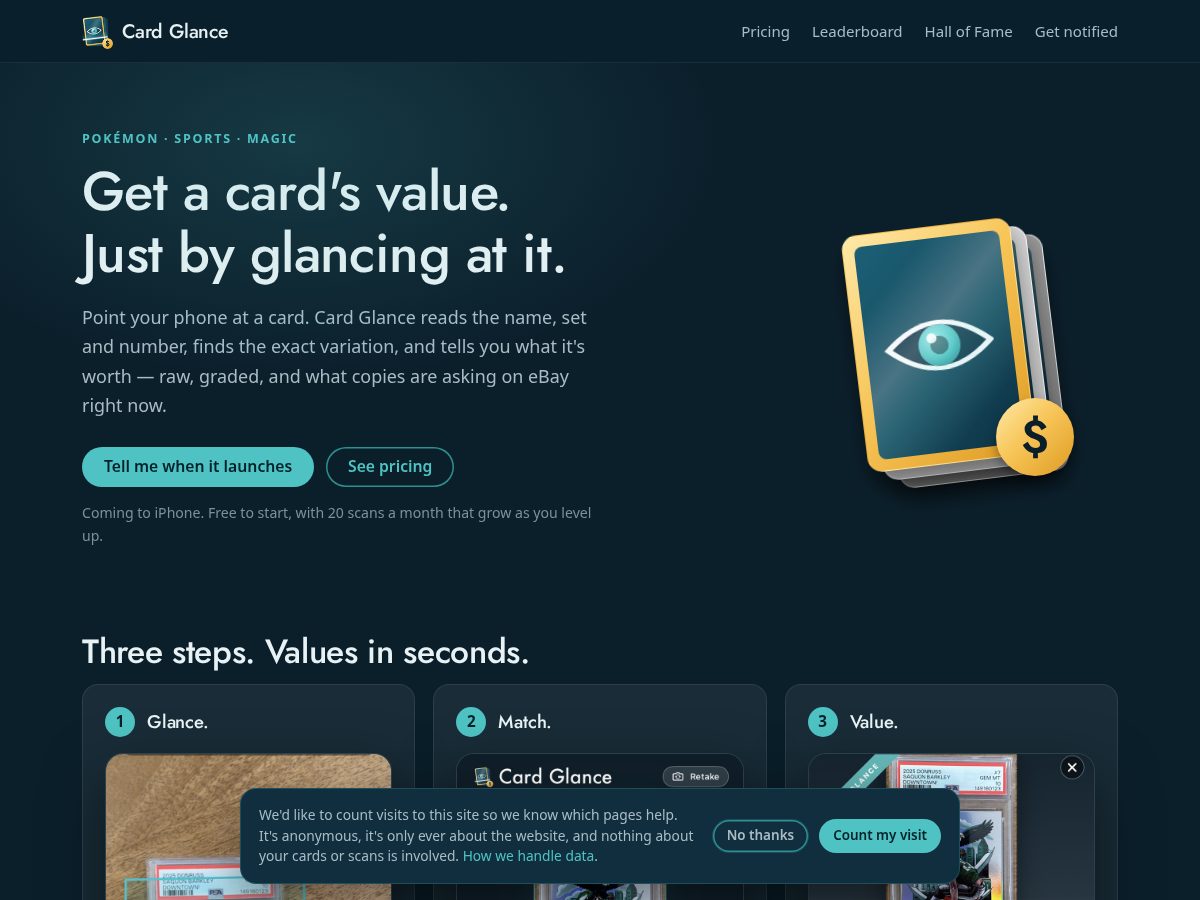 Landing-page snapshot of cardglance.app