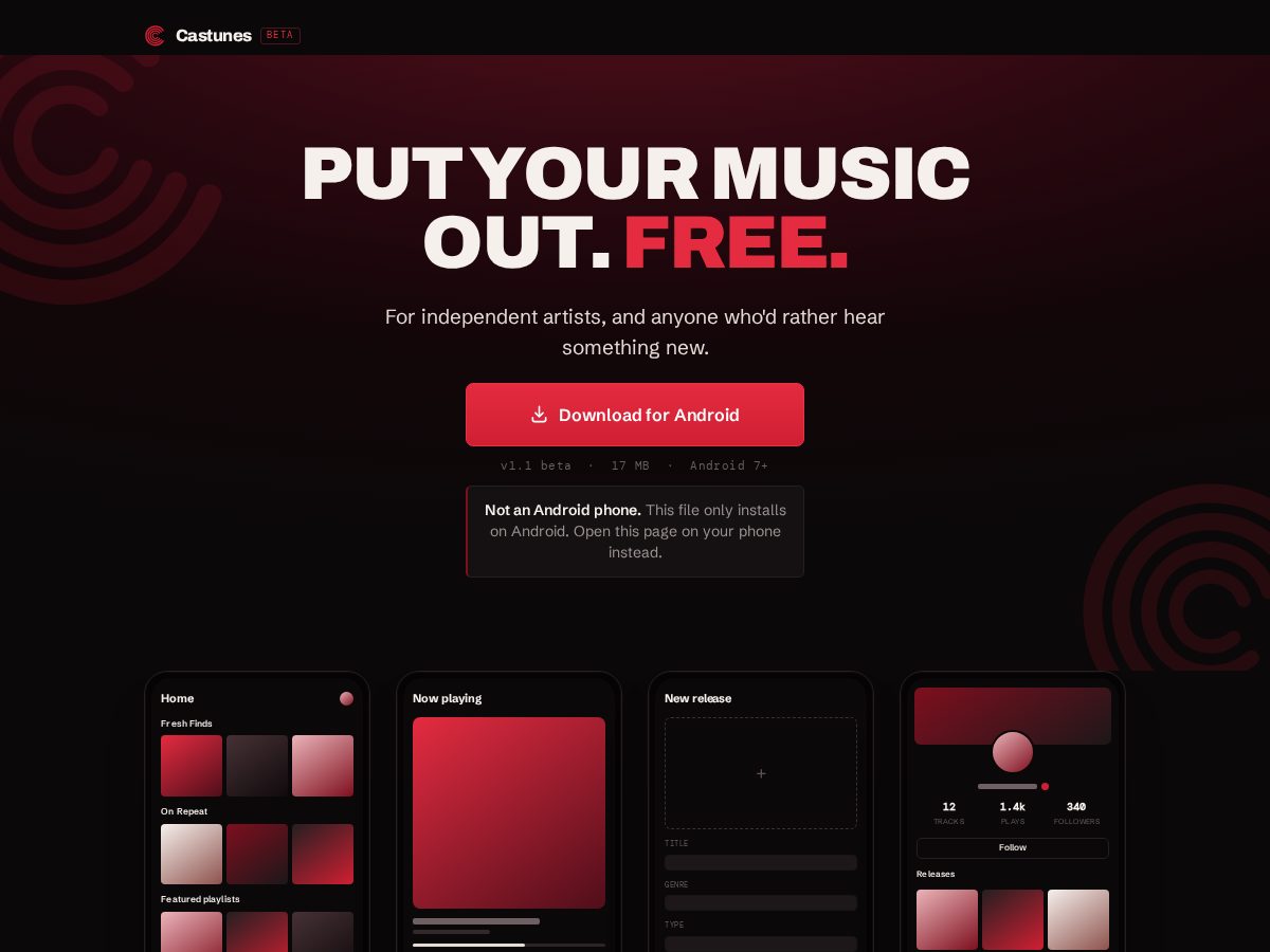 Landing-page snapshot of castunes.app