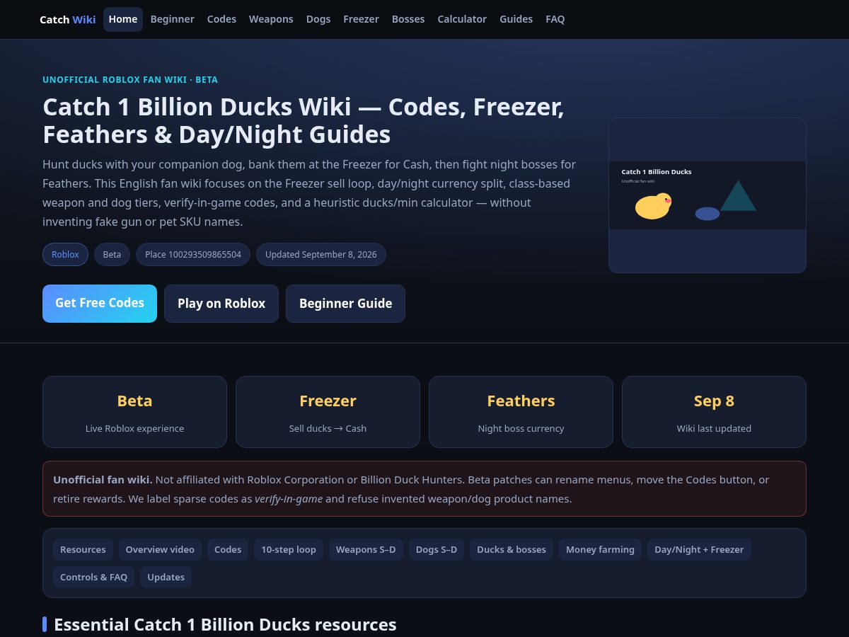 Landing-page snapshot of catch1billionducks.com